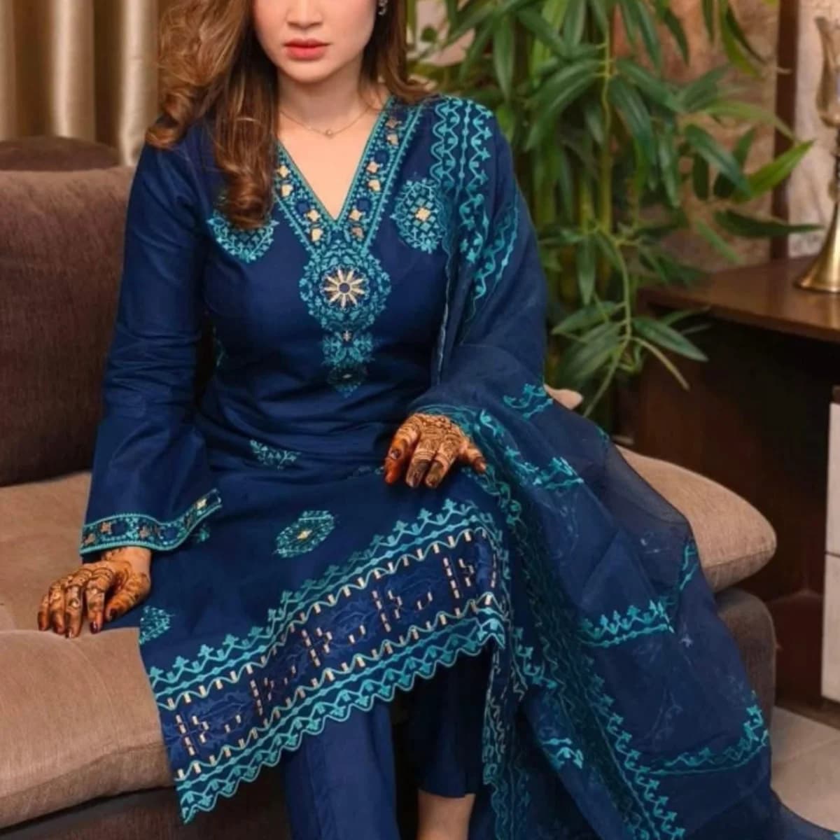 Ocean Blue Embroidered Three Piece