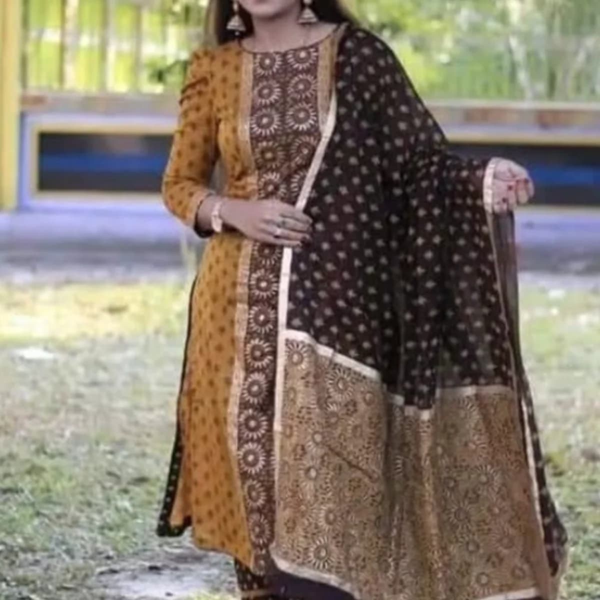 Golden Mustard Printed Three Piece