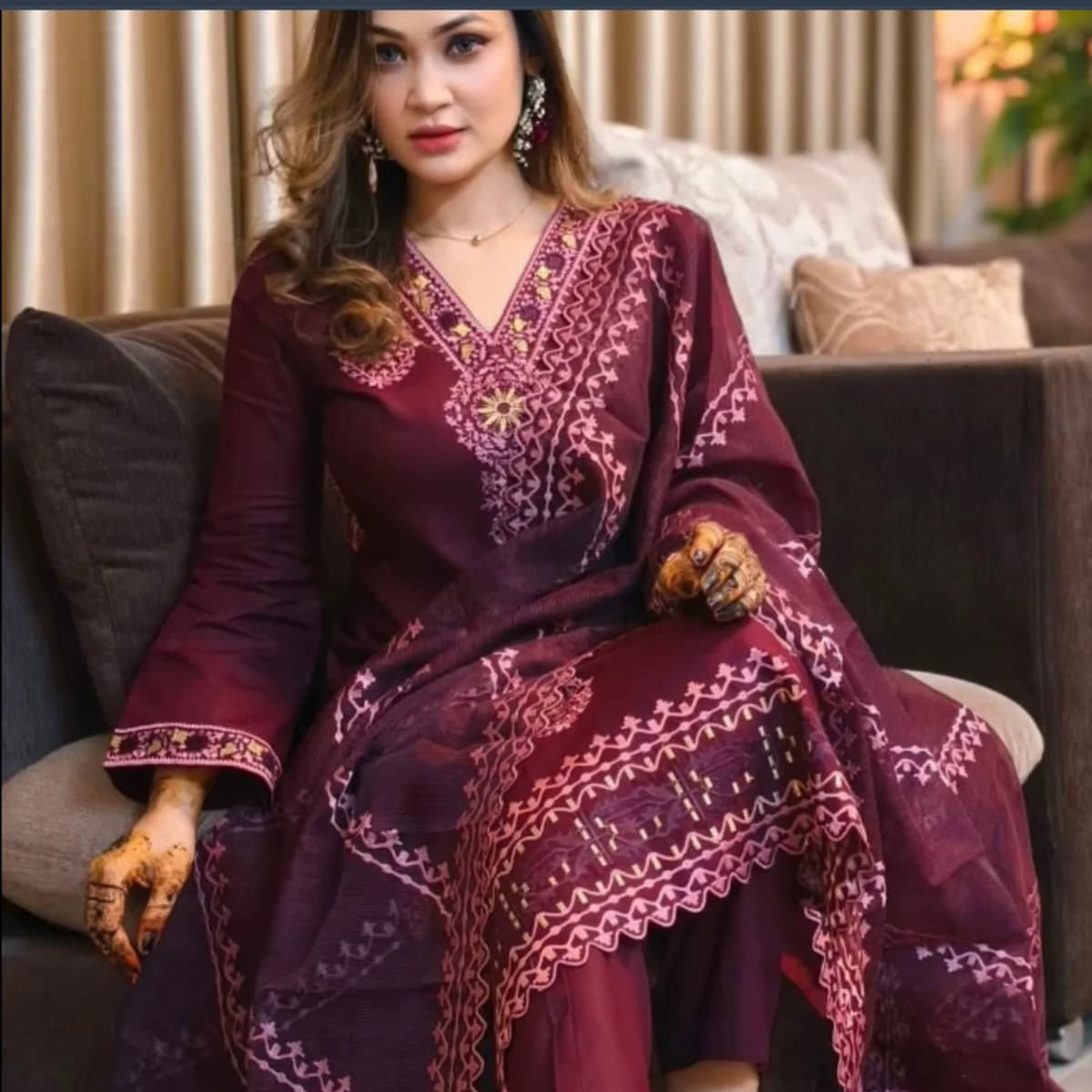 Royal Wine Embroidered Three Piece