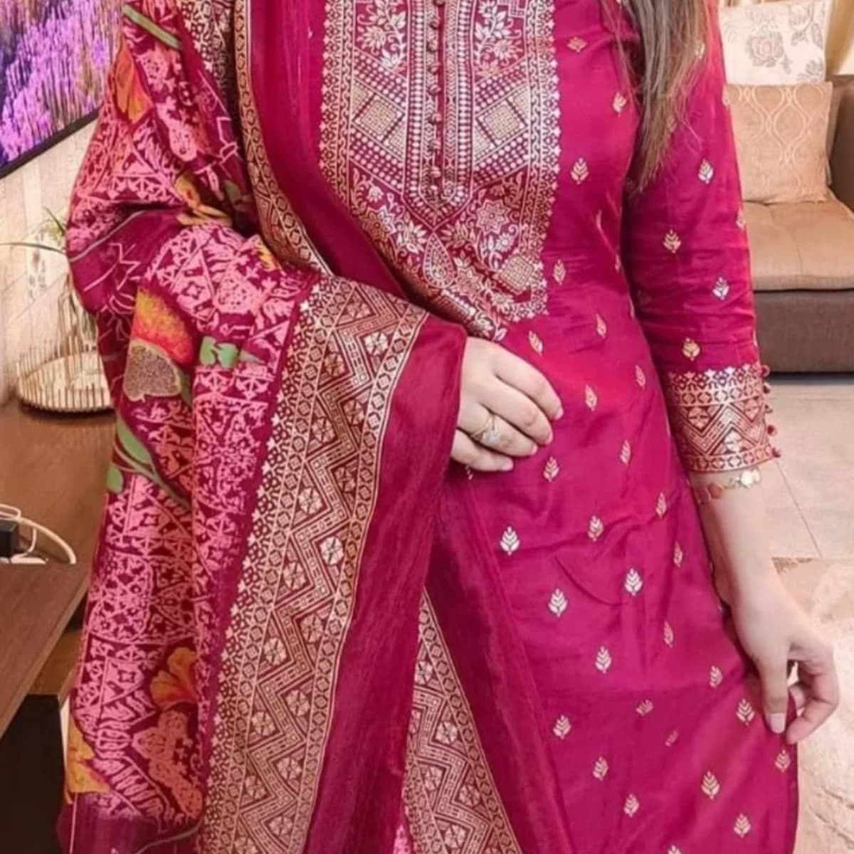 Rose Pink Embroidered Three Piece