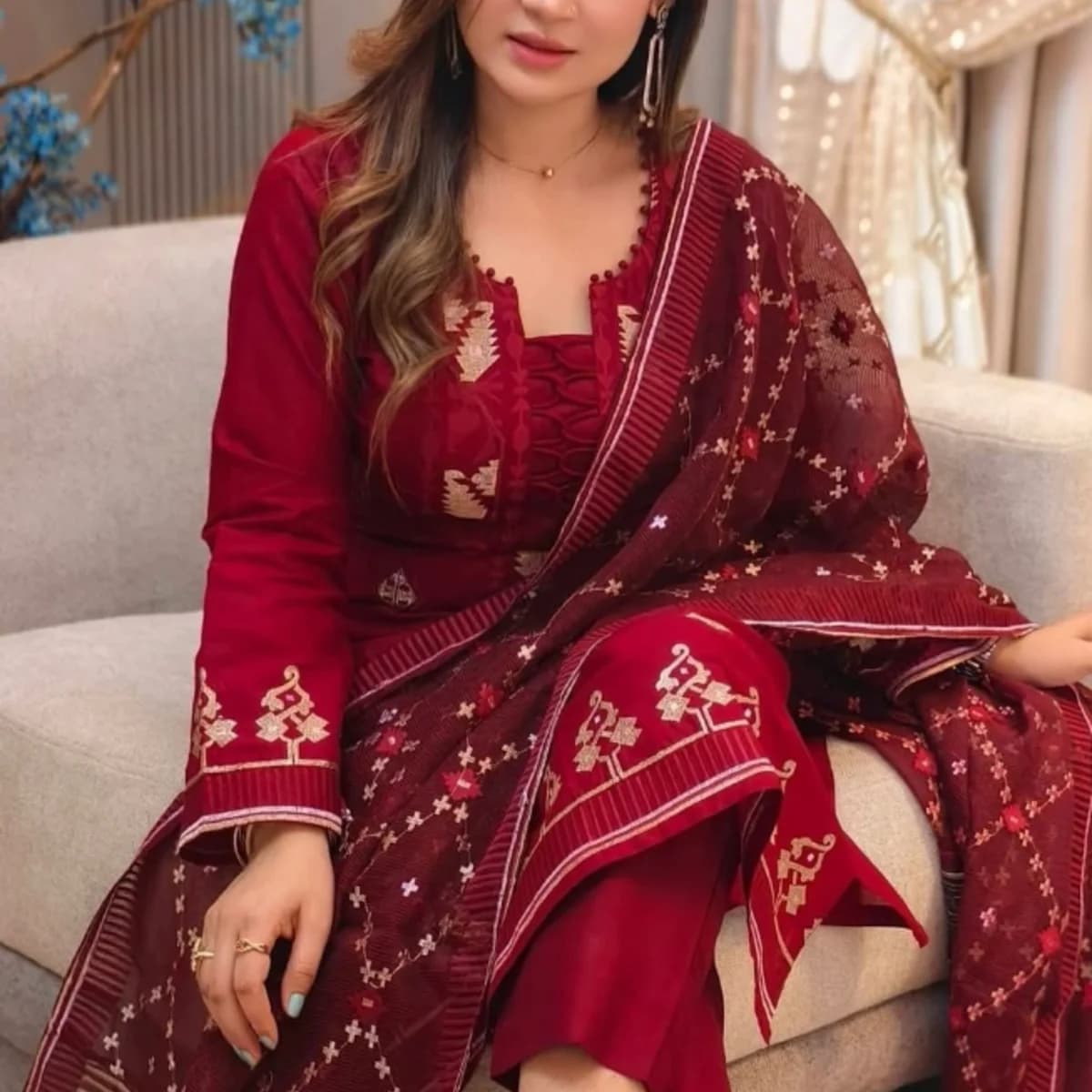 Ruby Maroon Embroidered Three Piece
