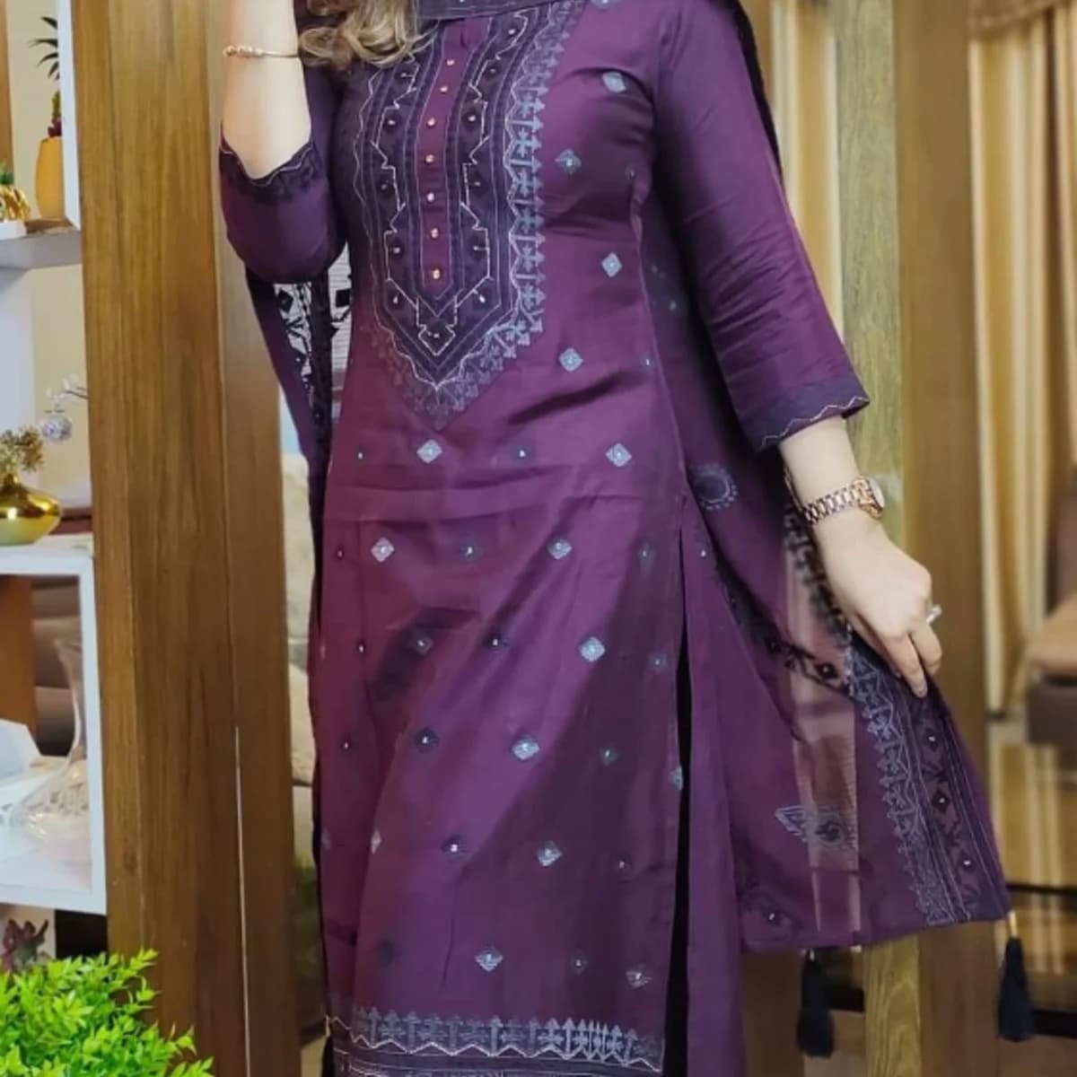 Elegant Plum Embroidered Three Piece