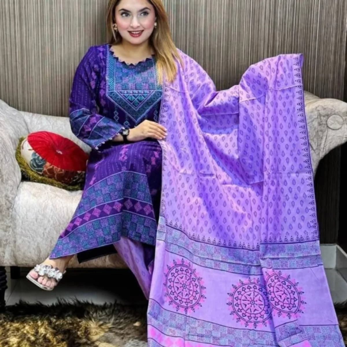 Royal Purple & Lavender Printed Cotton Salwar Kameez Set with Dupatta